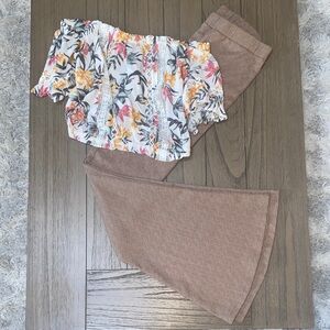 Floral Off-Shoulder Top and Brown Flared Pants Set